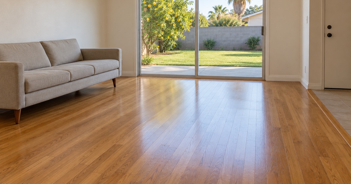 Refinished red oak floor running toward a sliding glass door in a 1960s Carson tract living room.