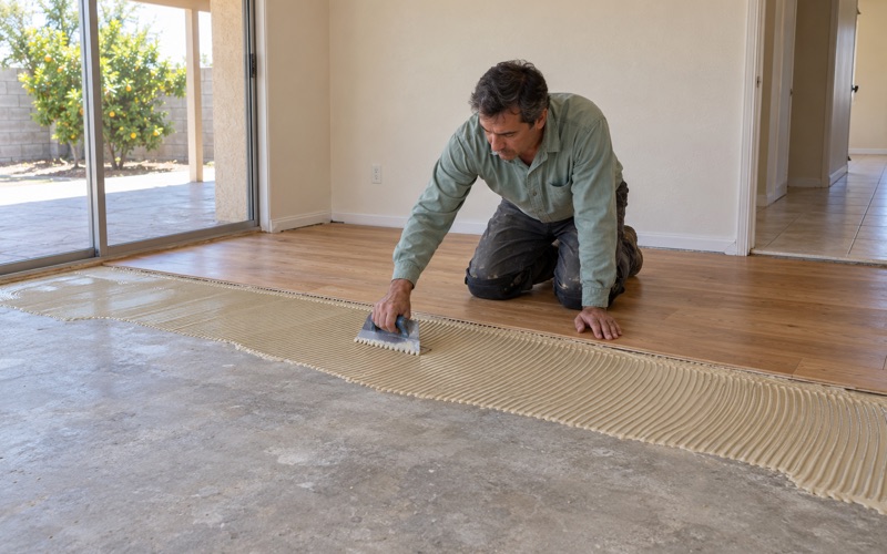 Worker troweling adhesive onto a concrete floor before laying engineered hardwood planks in a Carson home.