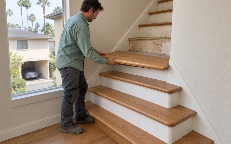Worker lowering a new oak stair tread with a bullnose edge onto its step in a Carson townhouse.