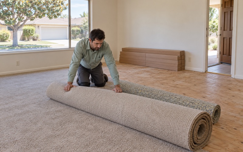 Worker rolling up old carpet in a Carson tract house living room as new oak flooring waits against the wall.