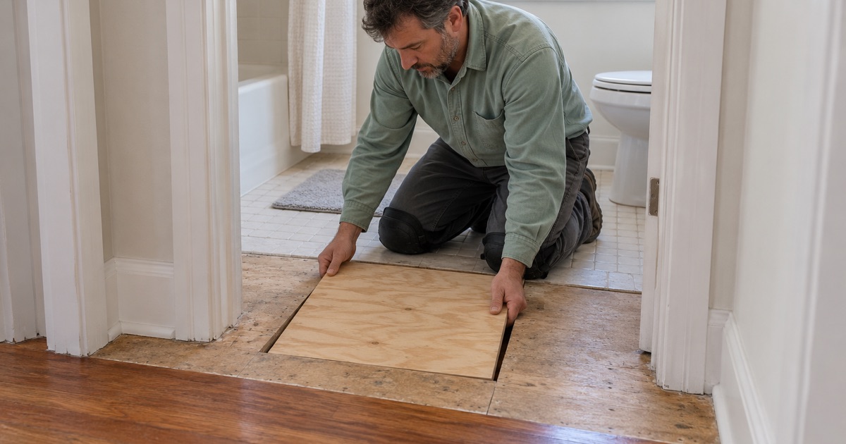 Worker lowering a new plywood panel into a cut-out section of subfloor before the finish floor goes back in Carson.