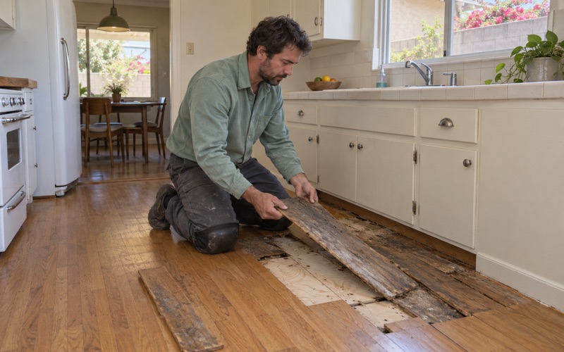 Worker lifting out a cupped, water-darkened oak board beside a kitchen sink cabinet in Carson.