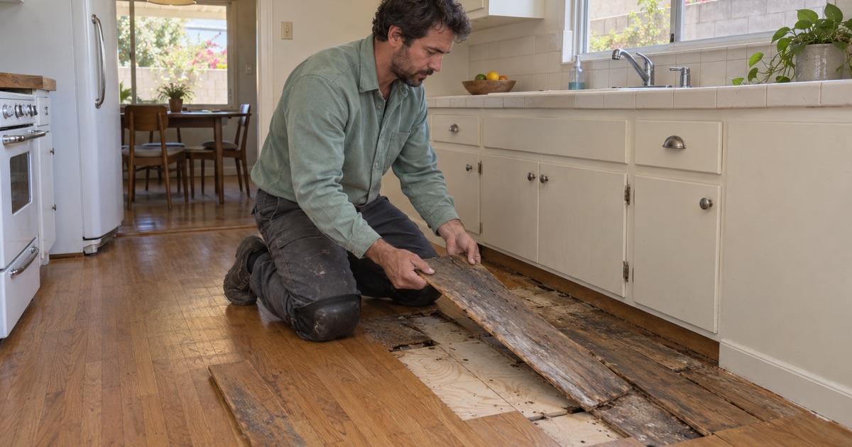 Worker lifting out a cupped, water-darkened oak board beside a kitchen sink cabinet in Carson.