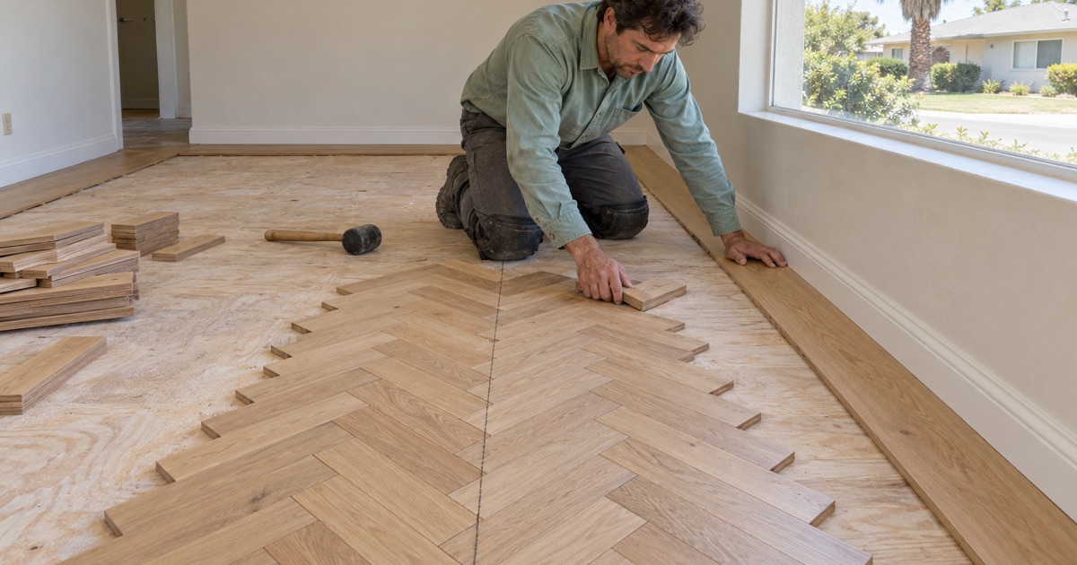 Worker setting a white oak herringbone block against its centerline inside a wide-plank border in Carson.