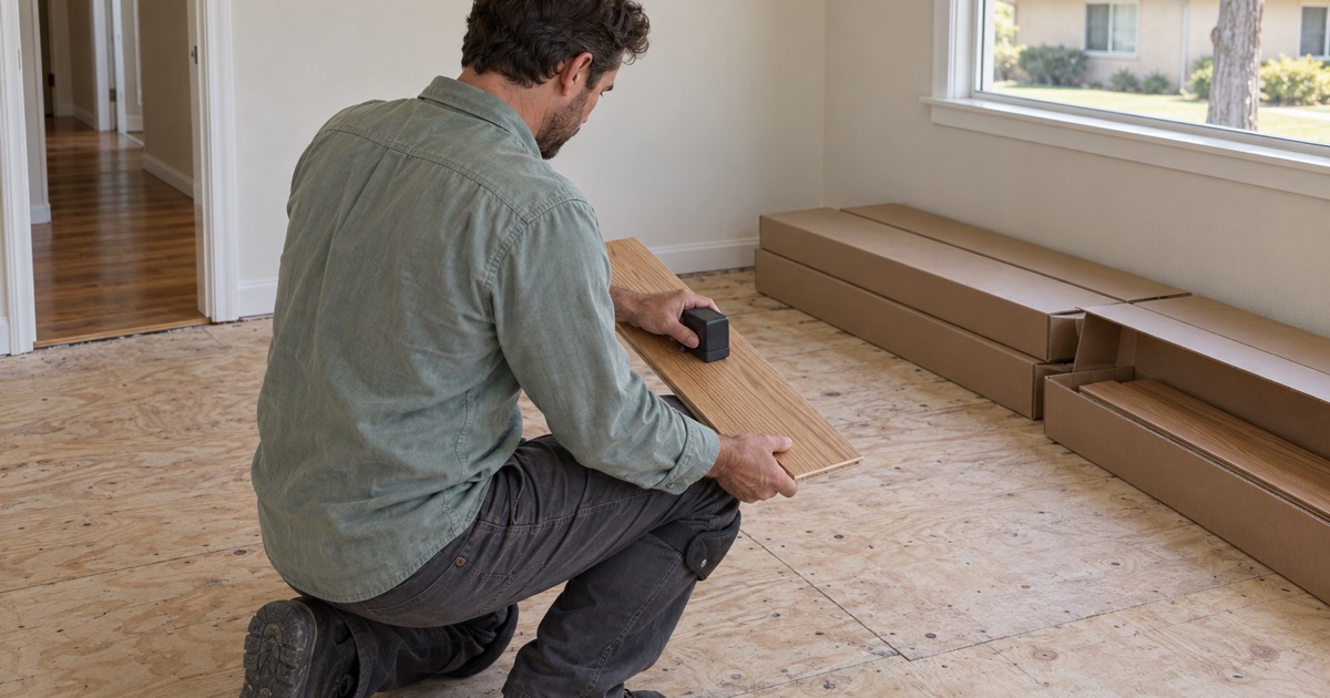 Worker checking the moisture of new oak flooring before installation in an Artesia home.