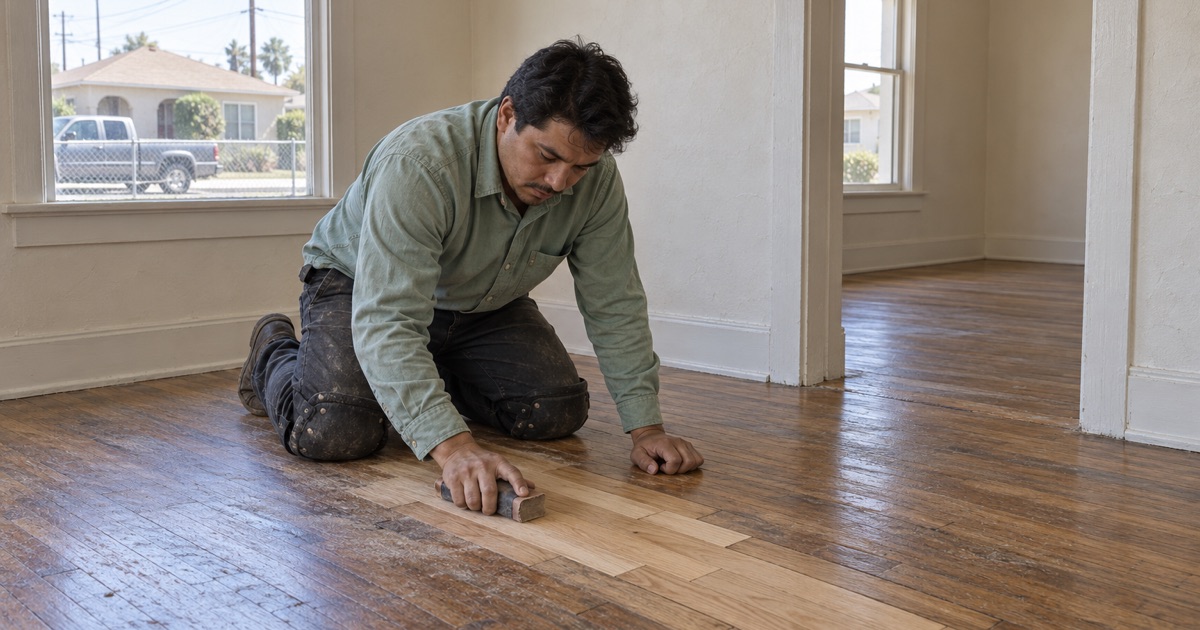 Worker hand-sanding a laced-in repair in the hardwood strip floor of a 1940s stucco bungalow in Compton.