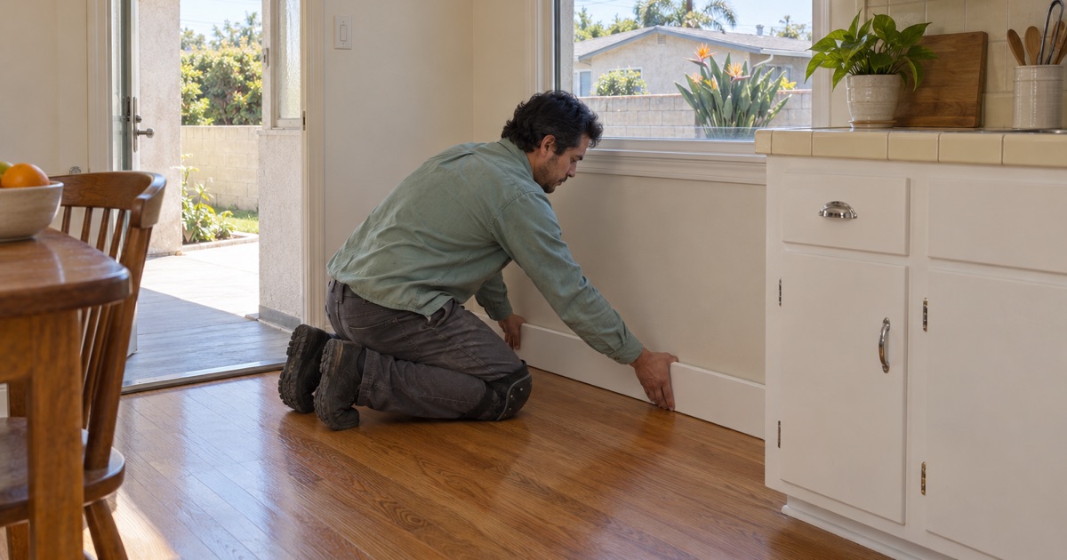 Worker setting baseboard back against the wall beside a newly repaired oak floor in a Gardena kitchen.