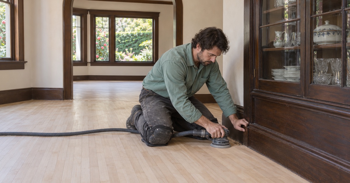 Worker feathering the sanded floor up to a built-in in a period-revival house in La Cañada Flintridge.