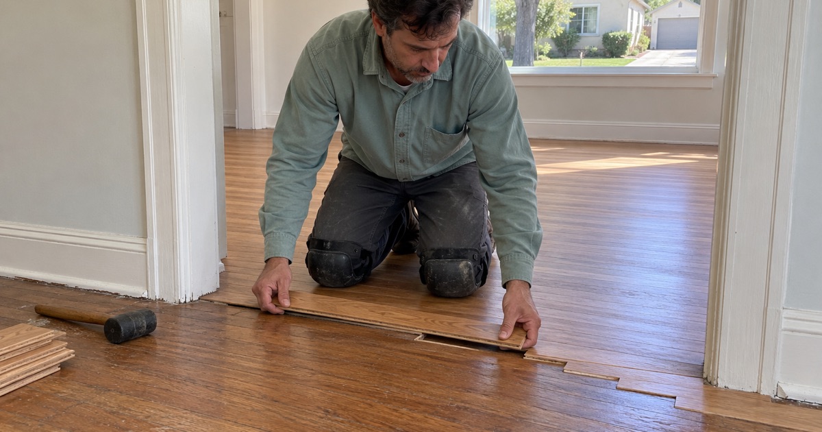 Worker weaving a new oak strip into the doorway joint between an addition and the original 1940s floor in Lakewood.
