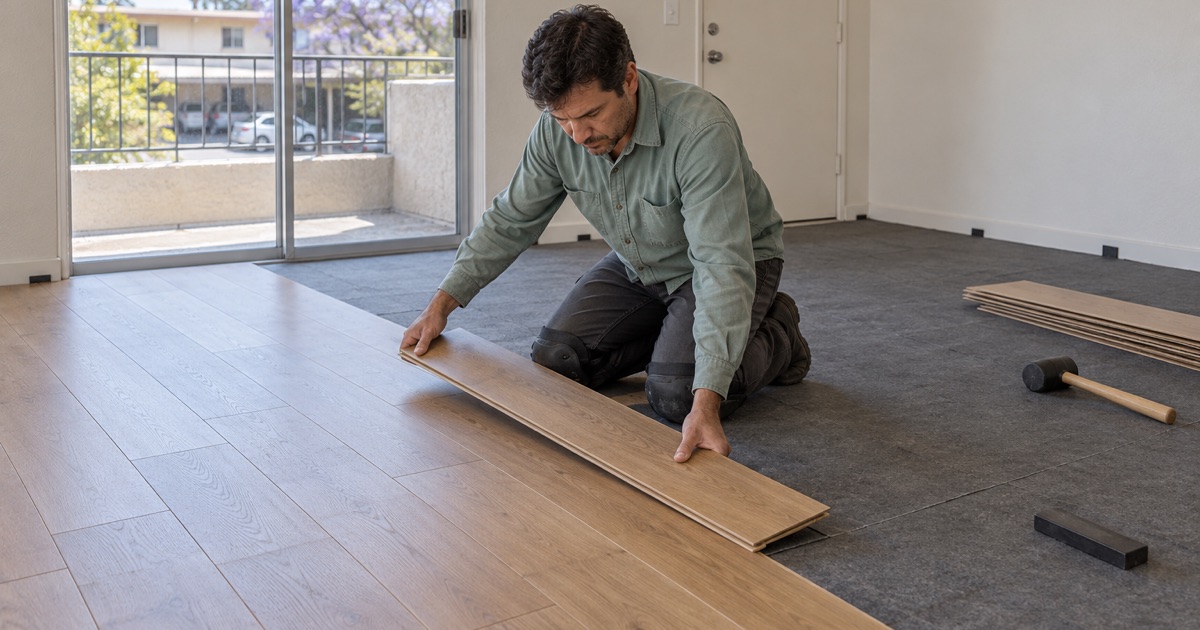 Worker clicking an engineered oak plank into place over sound underlayment in an upstairs Lomita apartment.