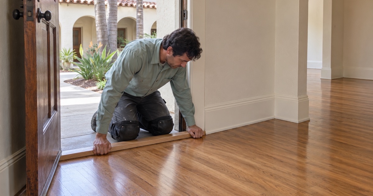 Worker fitting a new oak threshold at the entry of an empty apartment unit in a Long Beach courtyard building.