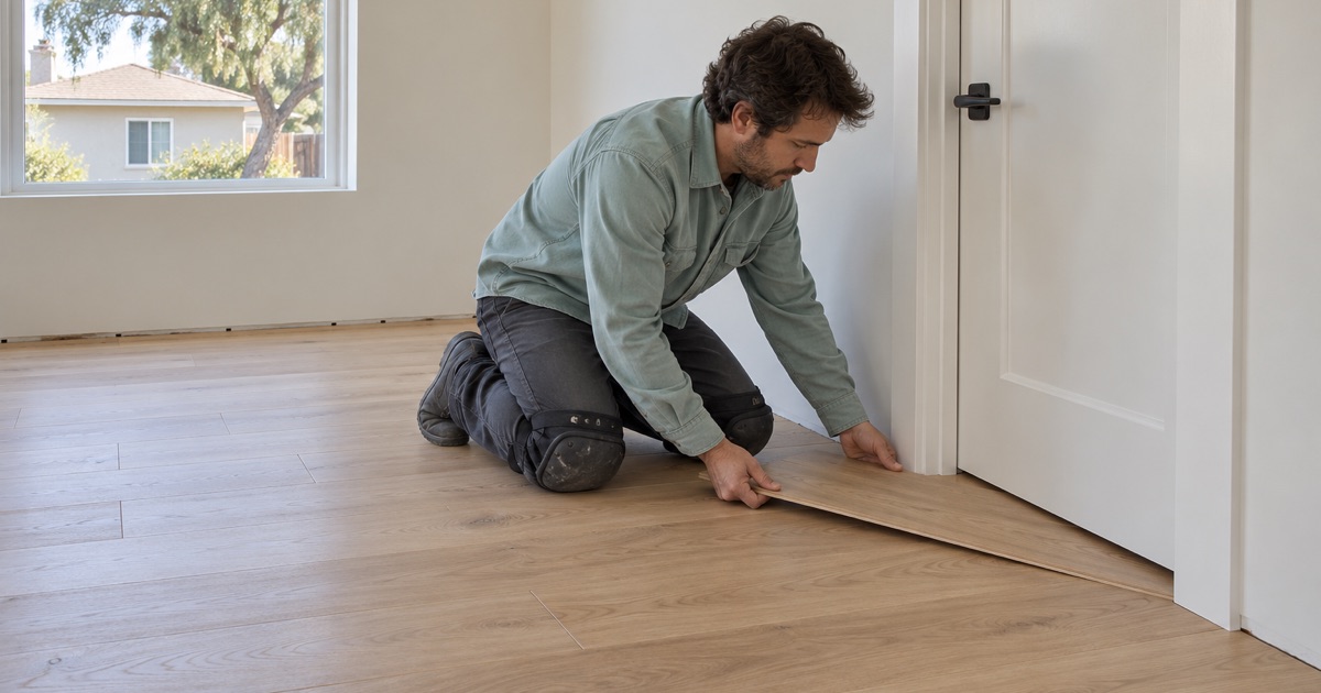 Worker sliding a new oak plank under the door trim of a Lynwood ADU.