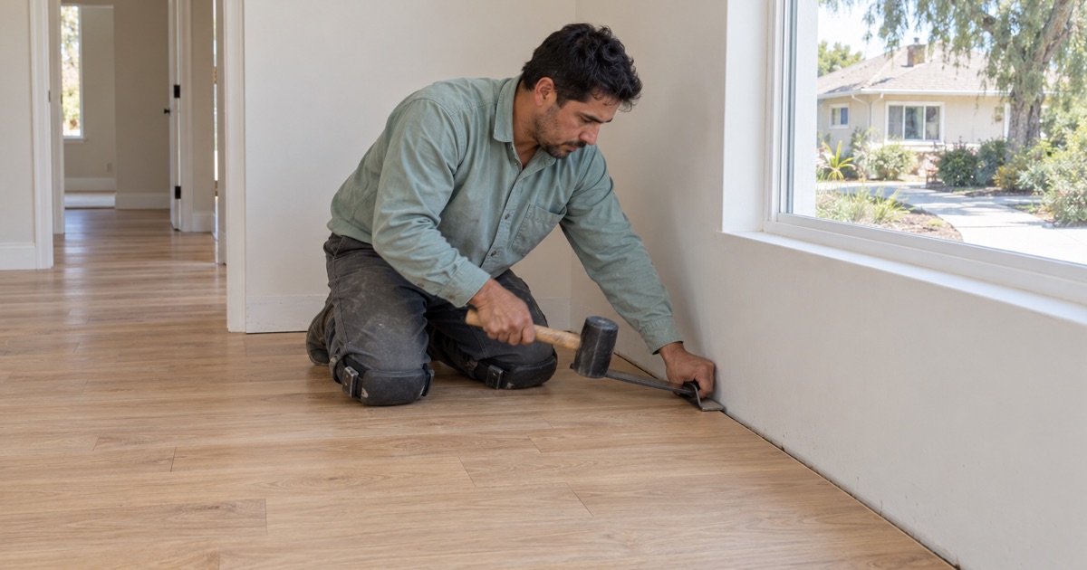 Worker closing the last row of a new plank floor with a pull bar in a new house on a Paramount split lot.