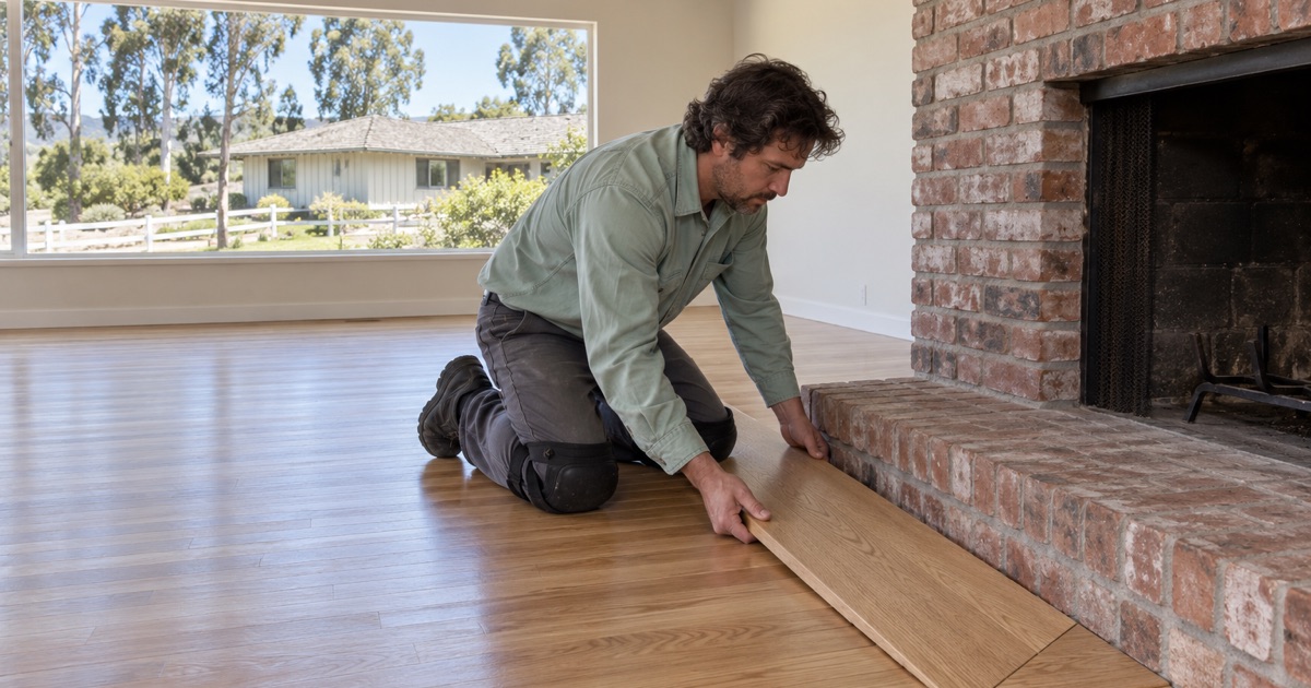 Worker fitting a flush oak border board around a brick hearth in a 1960s Rolling Hills Estates ranch house.