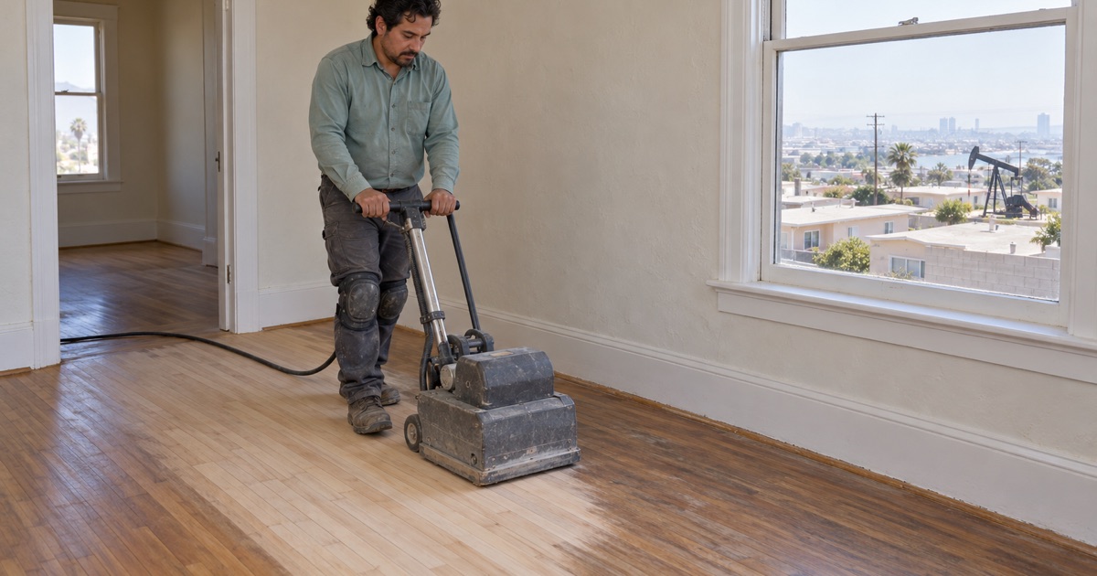 Worker sanding the old hardwood strip floor of a small moved cottage in Signal Hill with a square orbital sander.