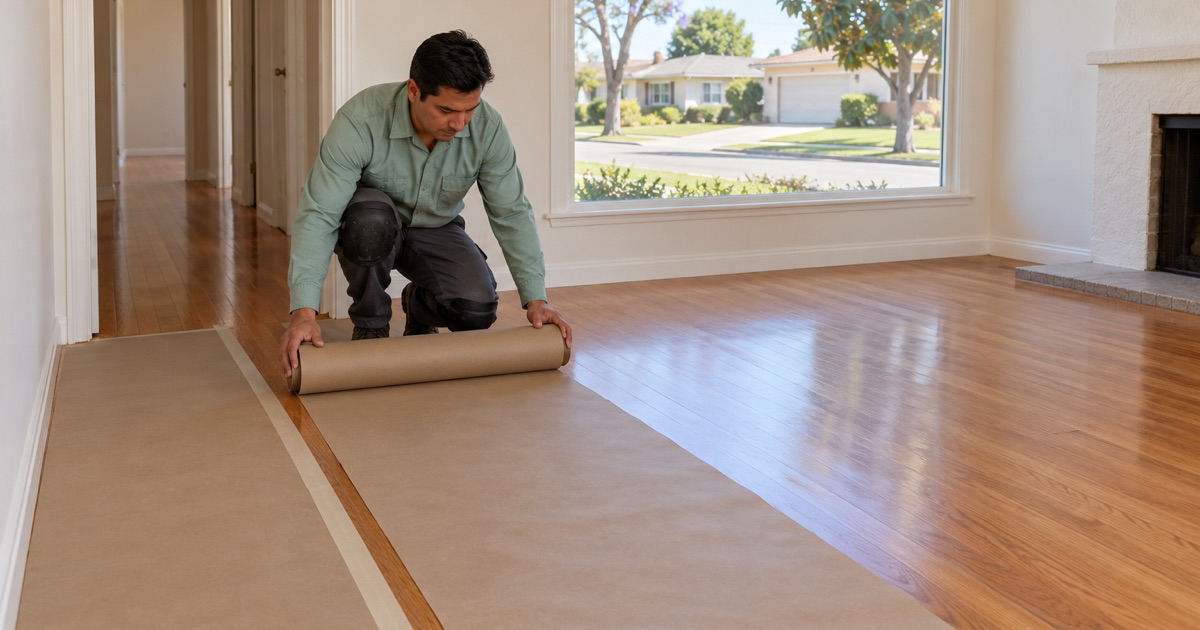 Worker unrolling protective paper over a freshly finished oak floor in a 1950s Torrance ranch house.