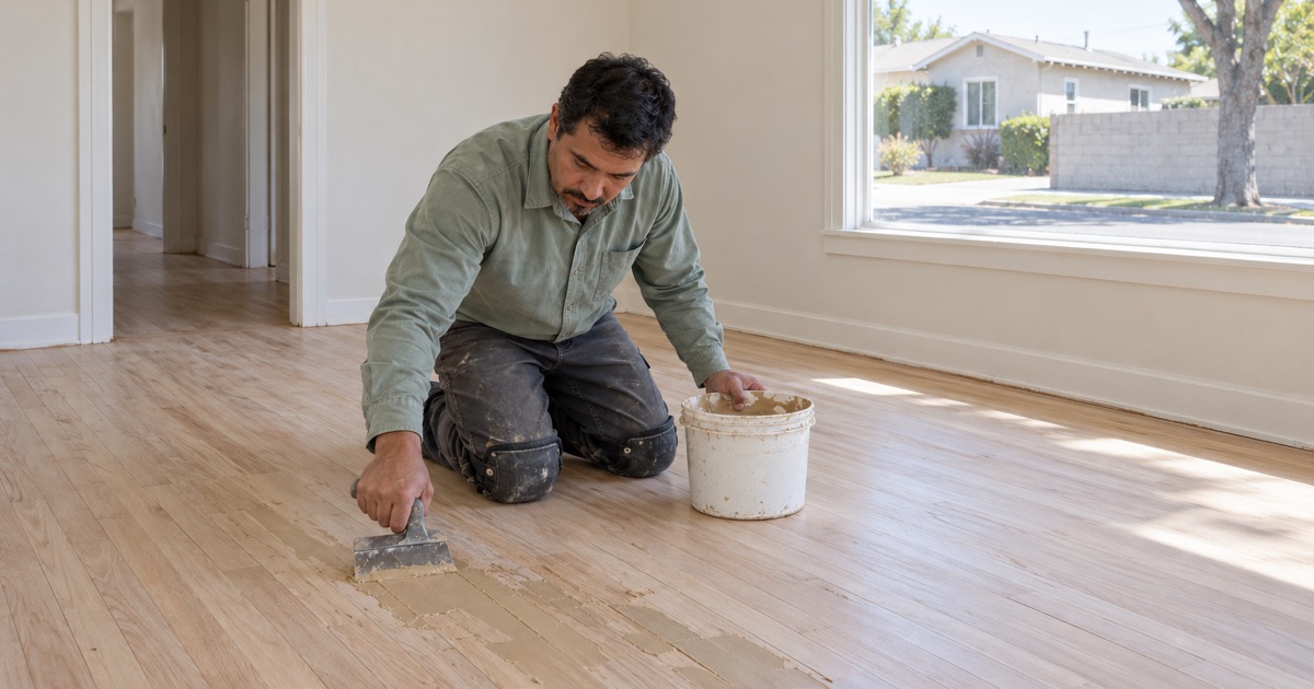 Old hardwood strip floor being prepared for refinishing in a small Watts house.