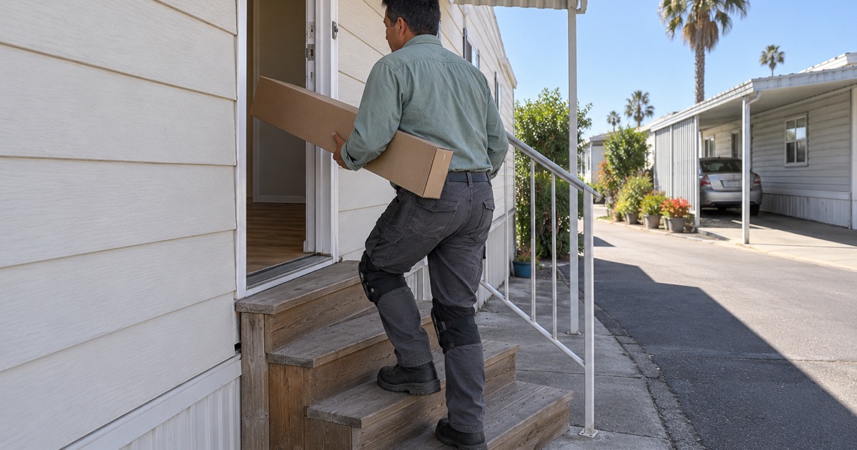 Worker carrying a carton of engineered wood flooring up the steps of a manufactured home in a West Carson park.