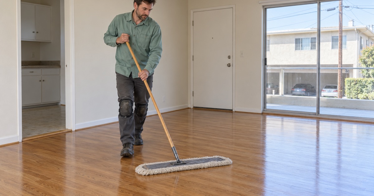 Worker dust-mopping a recoated oak floor in an empty Wilmington rental unit.
